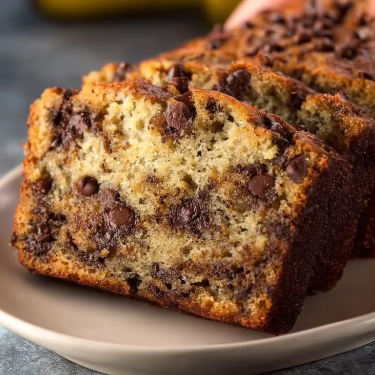 Chocolate chip banana bread loaf with sliced pieces on a wooden cutting board