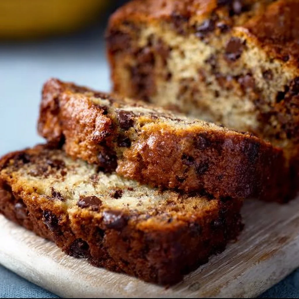 Delicious slice of chocolate chip banana bread topped with chocolate chips.