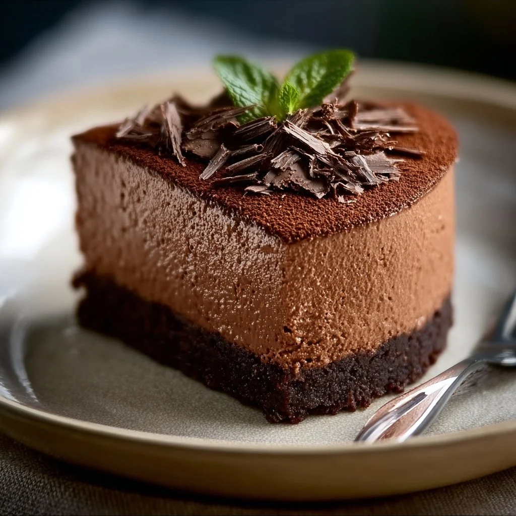 Decadent Chocolate Mousse Cake served on a white plate with chocolate shavings.