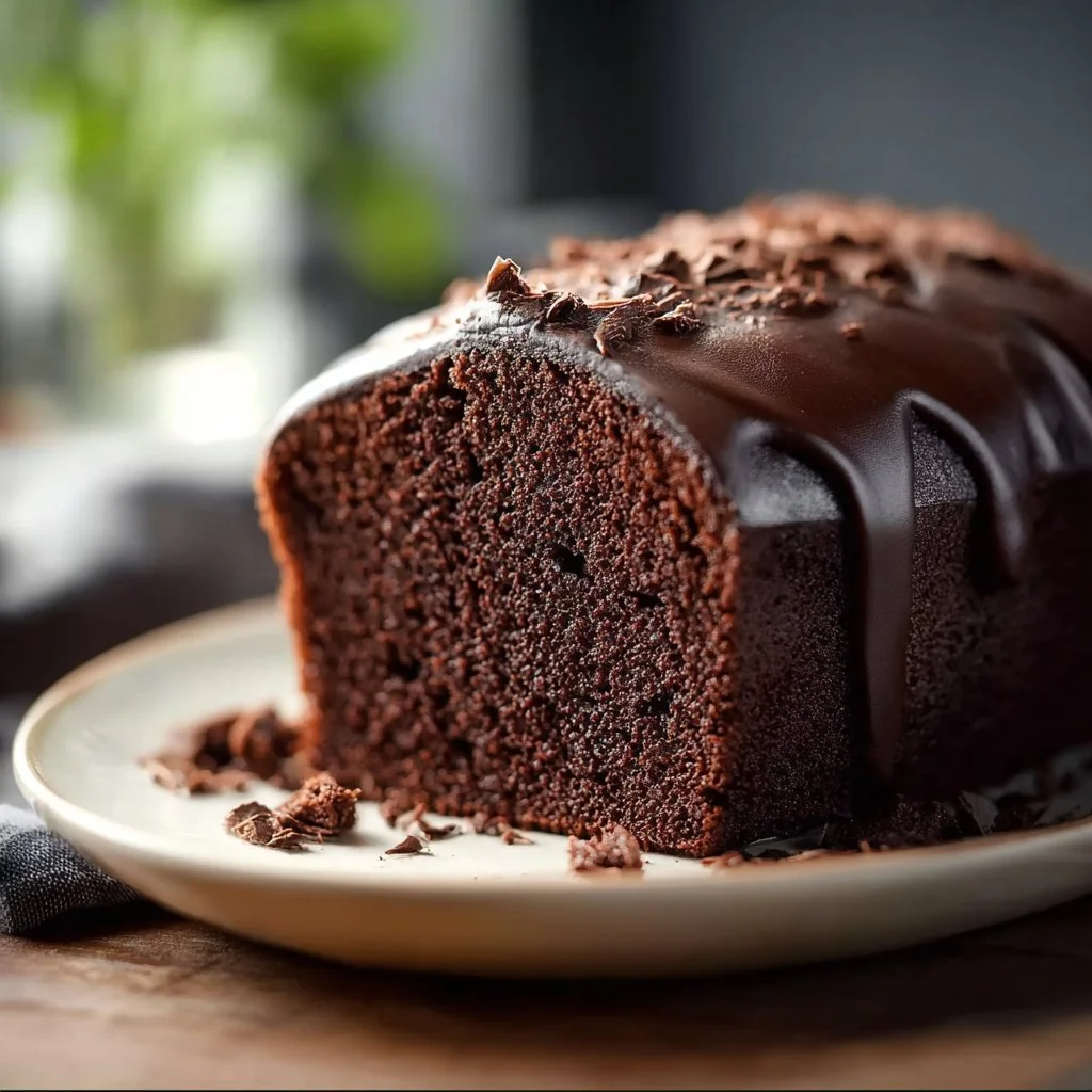 Deliciously moist Chocolate Pound Cake slice on a plate