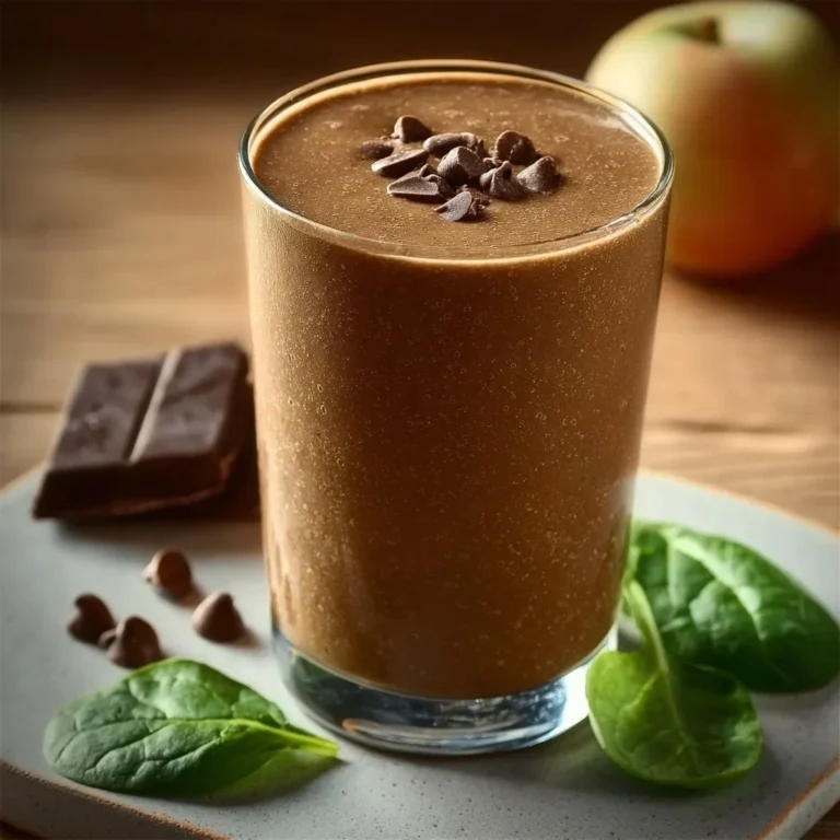 Chocolate spinach smoothie in a glass topped with chocolate shavings