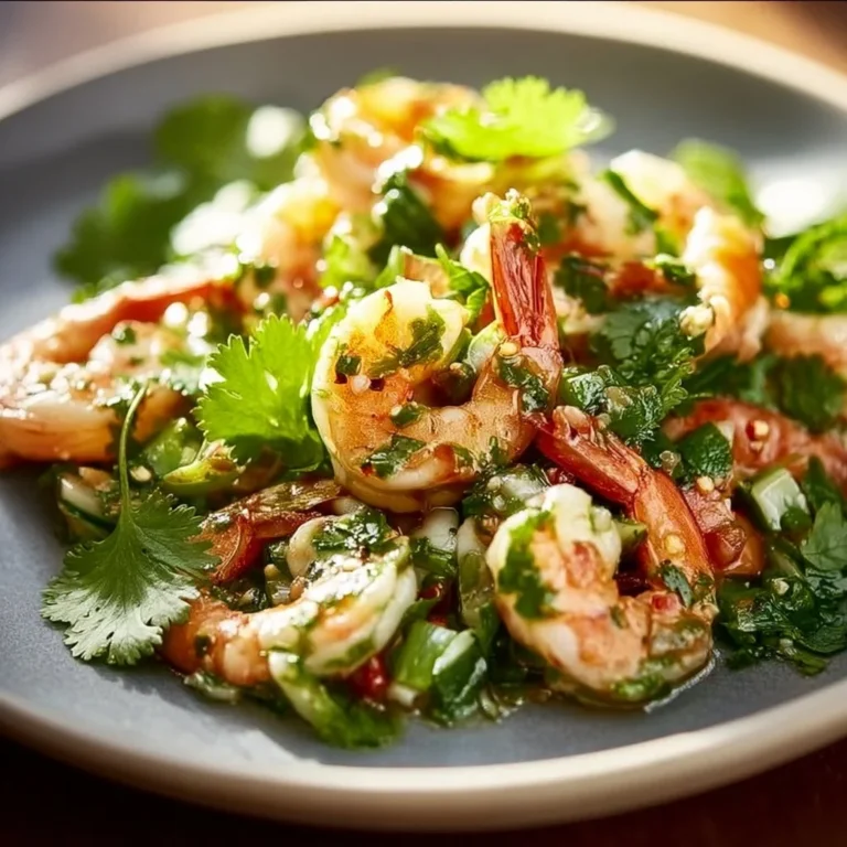Cilantro salad with shrimp garnished with lime and vegetables