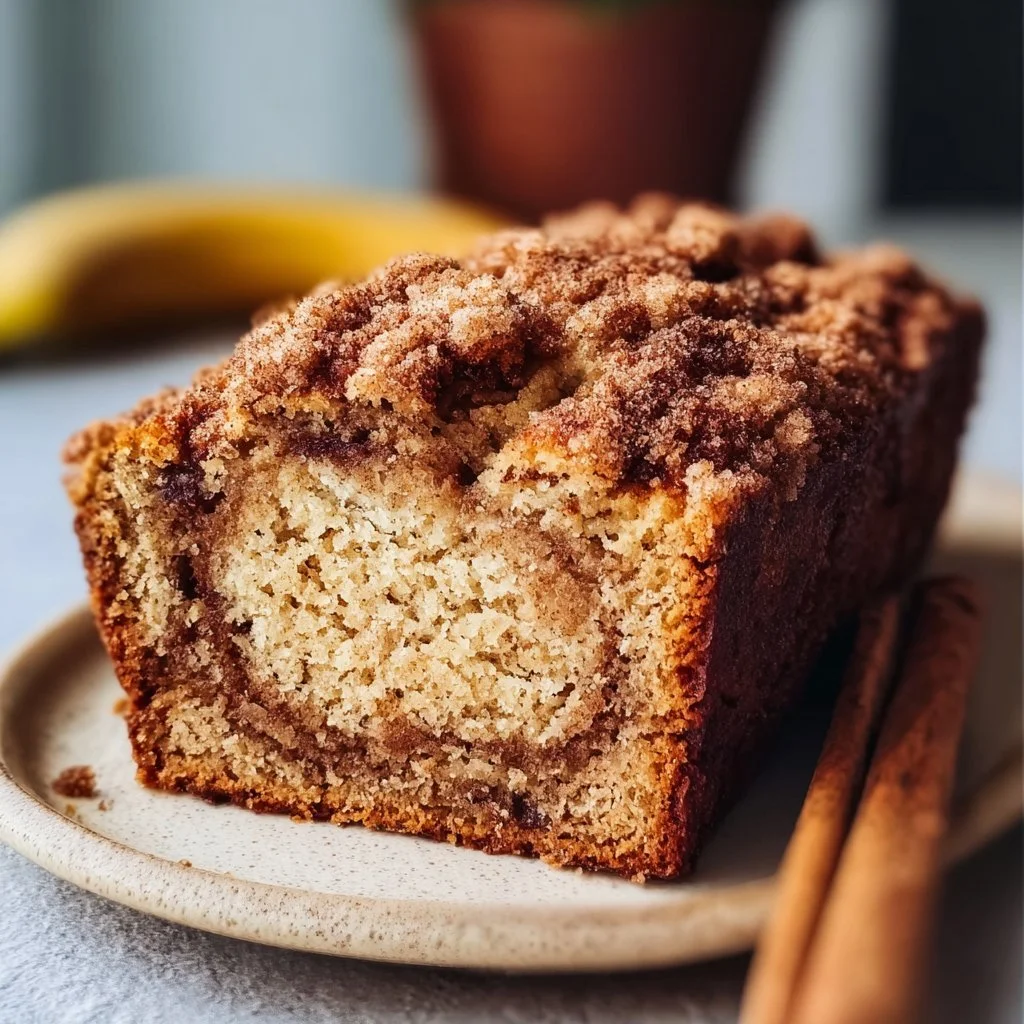 Slice of cinnamon crumb banana bread with a crunchy topping