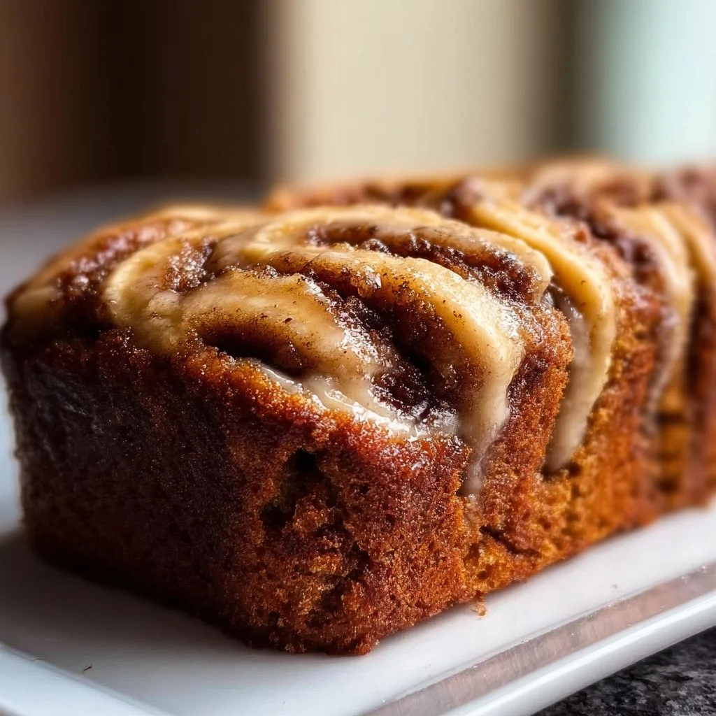 Delicious cinnamon roll banana bread fresh out of the oven.