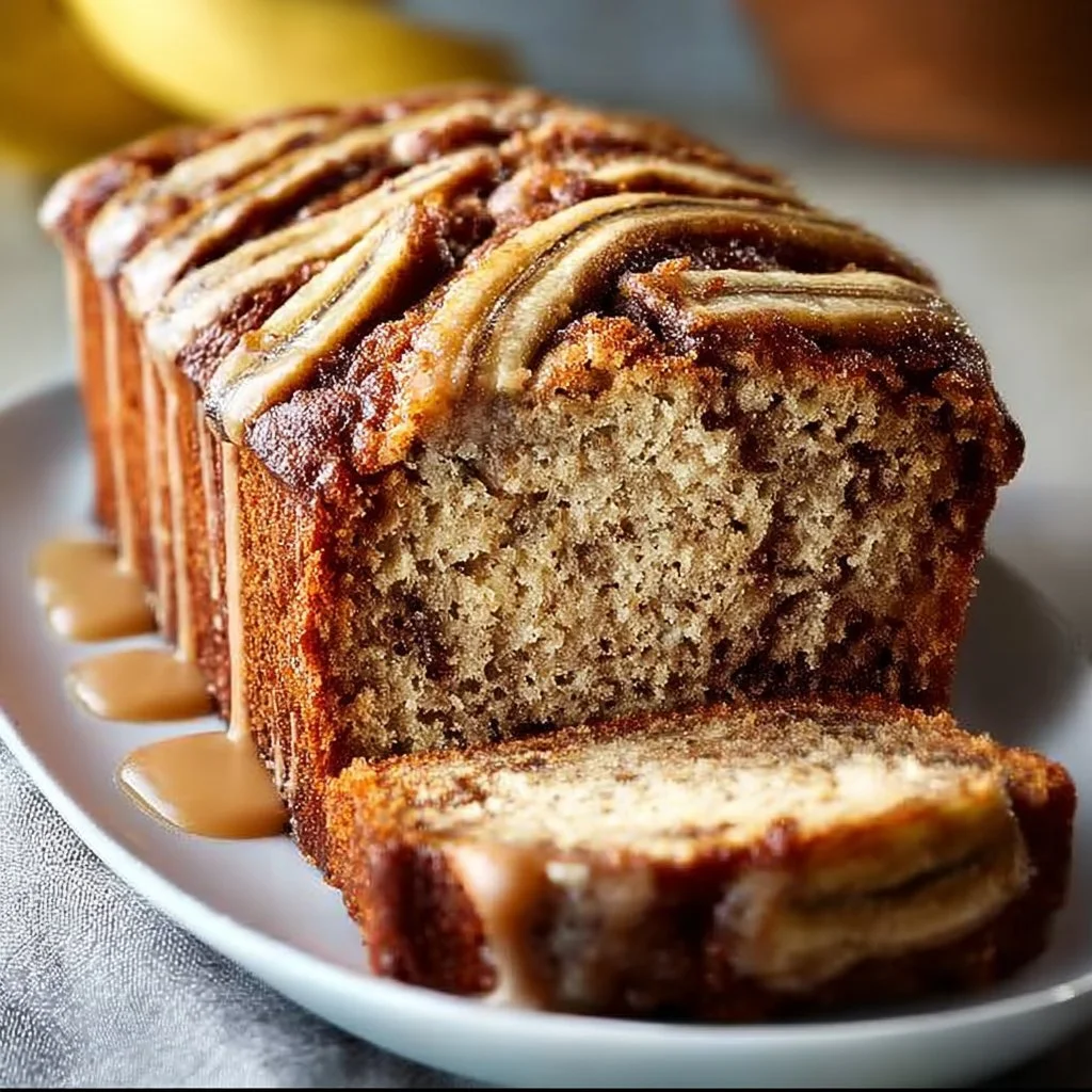 Sliced cinnamon swirl banana bread on a rustic wooden table.