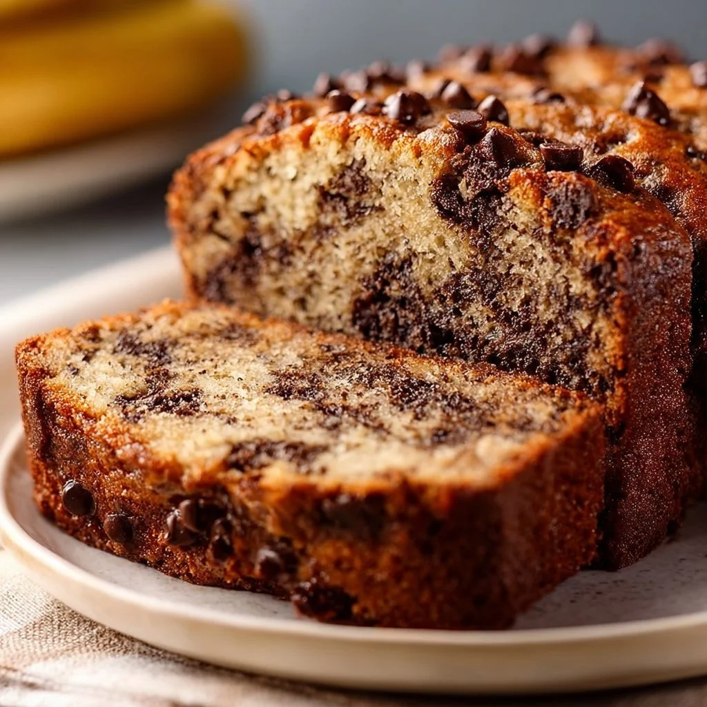 Classic chocolate chip banana bread loaf with chocolate chips and bananas