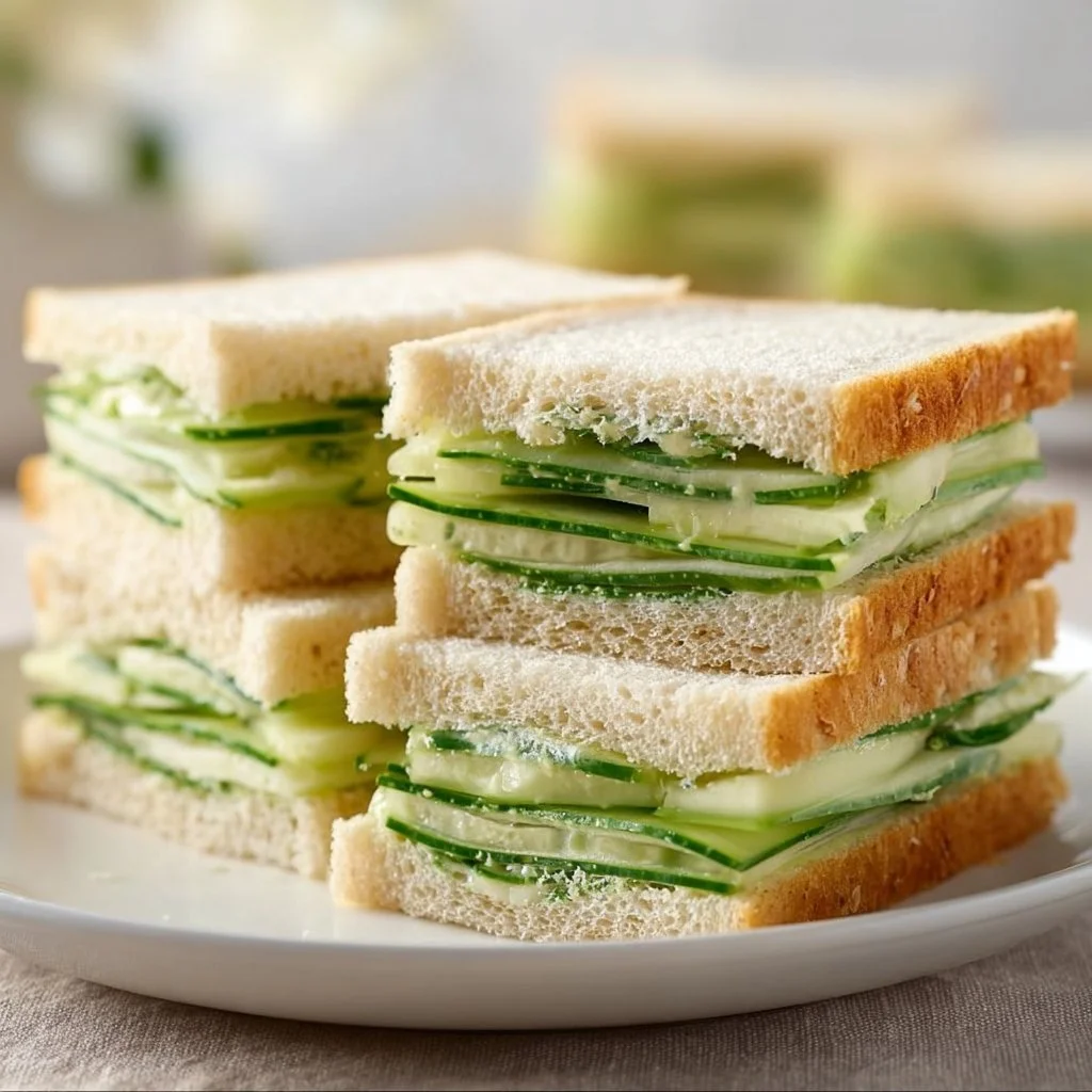 Plate of classic cucumber sandwiches arranged for a tea party