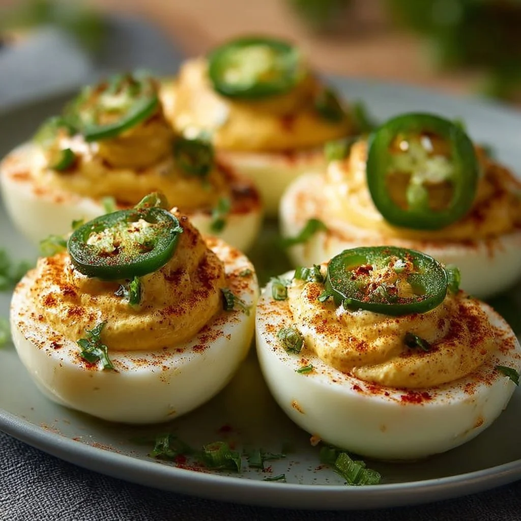 Delicious classic deviled eggs with a flavorful twist on a plate.