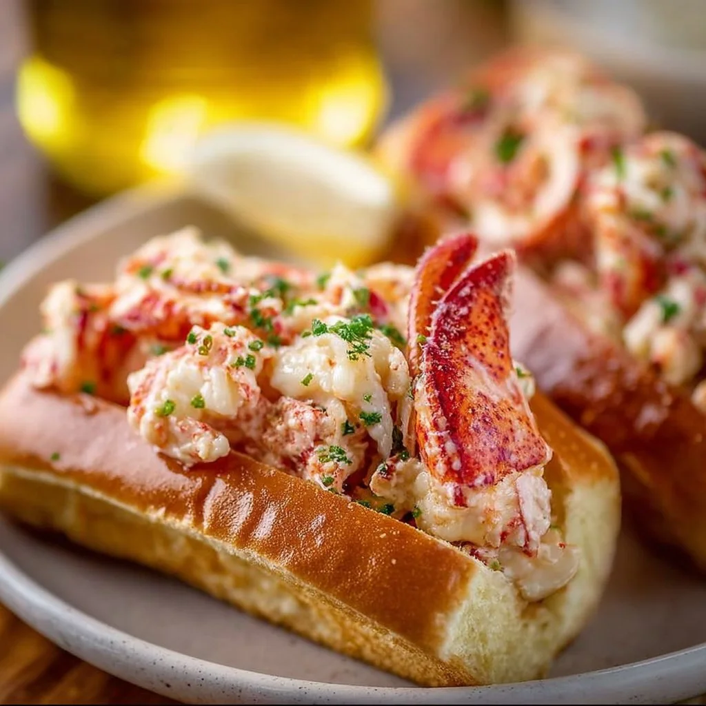 Delicious classic lobster rolls with melted butter served in a soft bun