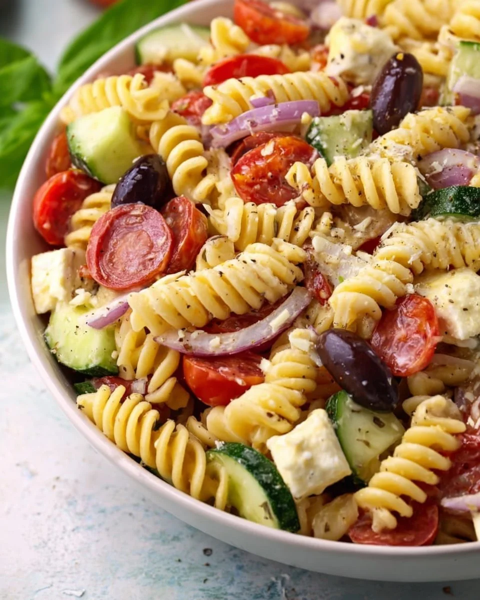 Delicious classic pasta salad with vegetables and dressing in a bowl