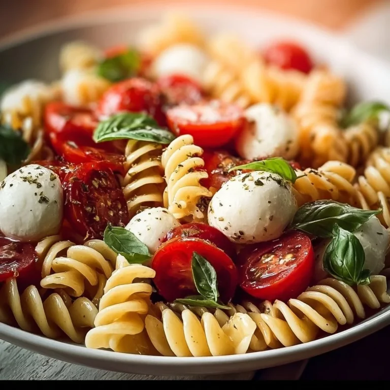 Colorful Caprese Pasta Salad with tomatoes, mozzarella, and basil