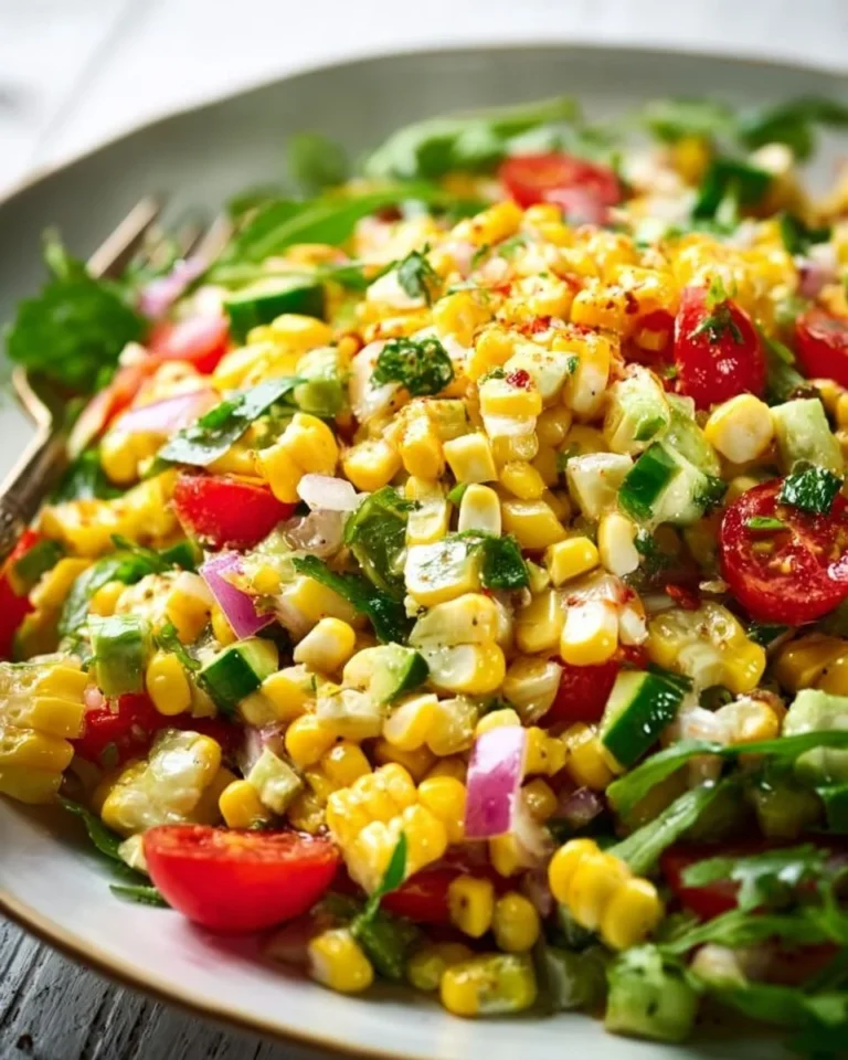 Colorful corn salad with fresh vegetables and dressing in a bowl