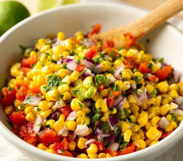 Delicious corn salsa in a bowl with fresh veggies and herbs