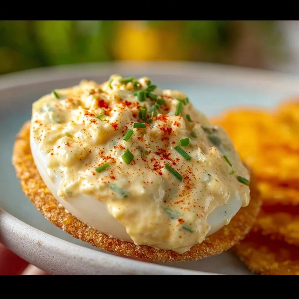 Cottage Cheese Deviled Egg Dip served in a bowl with a garnish of herbs