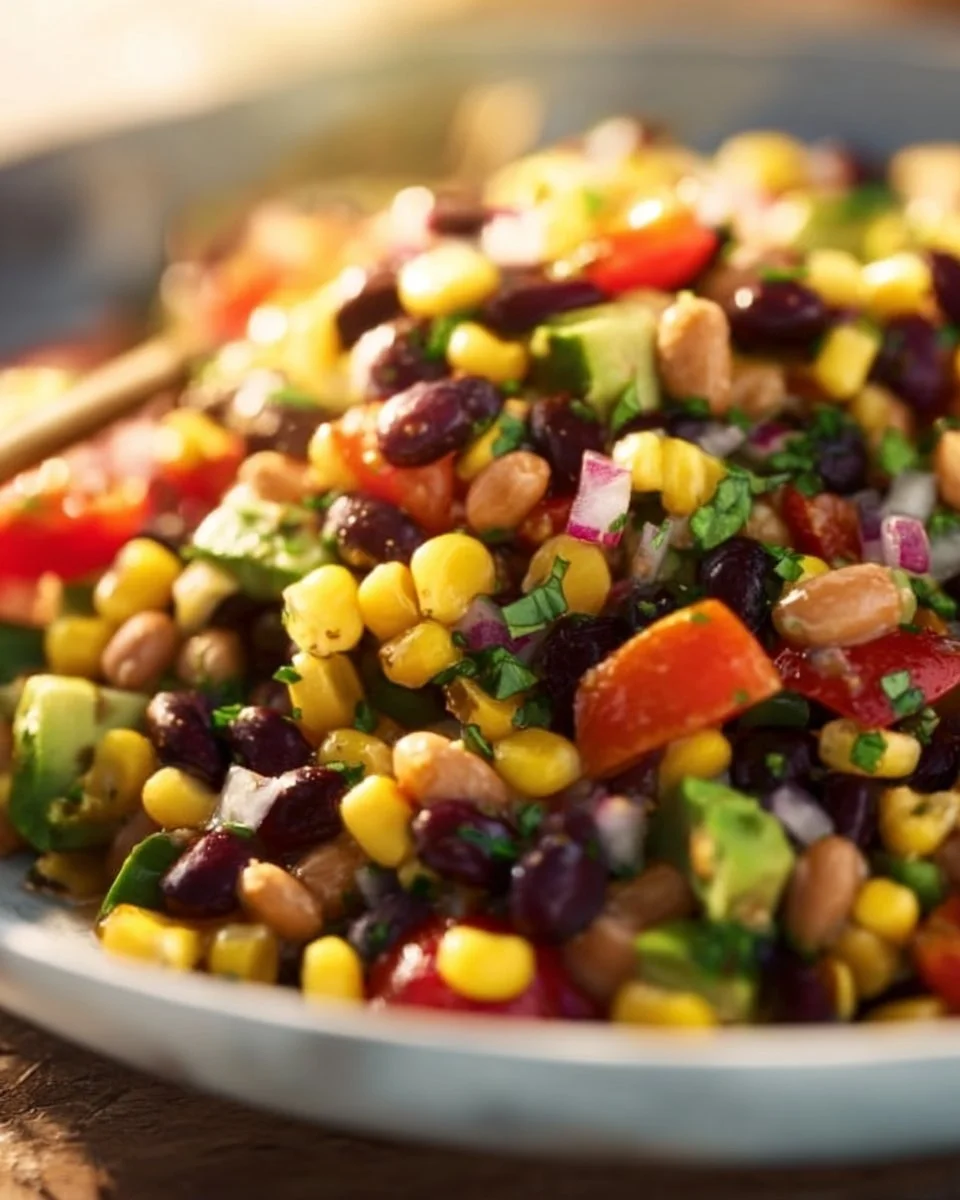 Bowl of colorful Cowboy Caviar with beans, corn, and peppers
