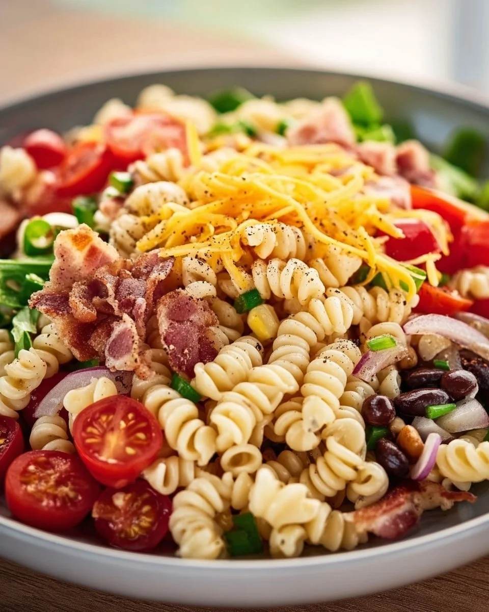 Colorful Cowboy Pasta Salad with vegetables and dressing in a bowl