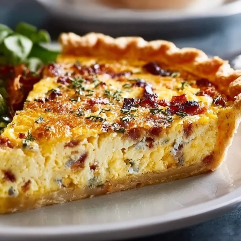 Delicious Cowboy Quiche topped with vegetables and cheese in a rustic setting