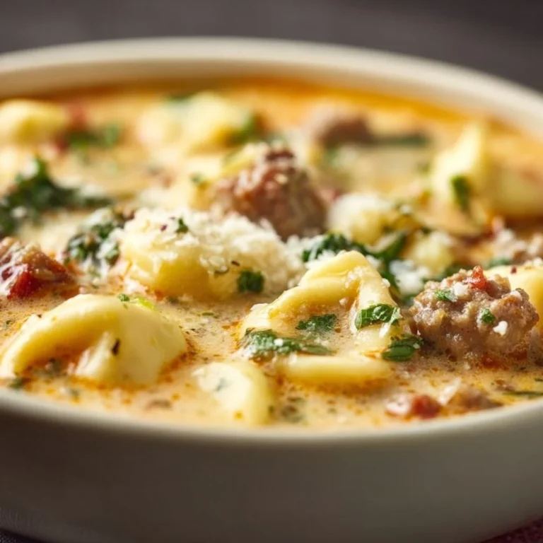 Bowl of creamy sausage tortellini soup garnished with herbs and bread