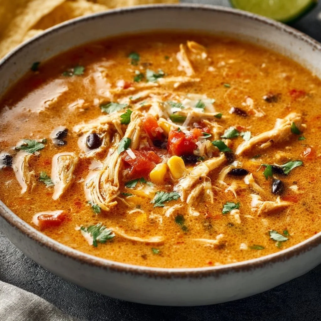 Bowl of creamy chicken tortilla soup topped with crispy tortilla strips and cilantro.