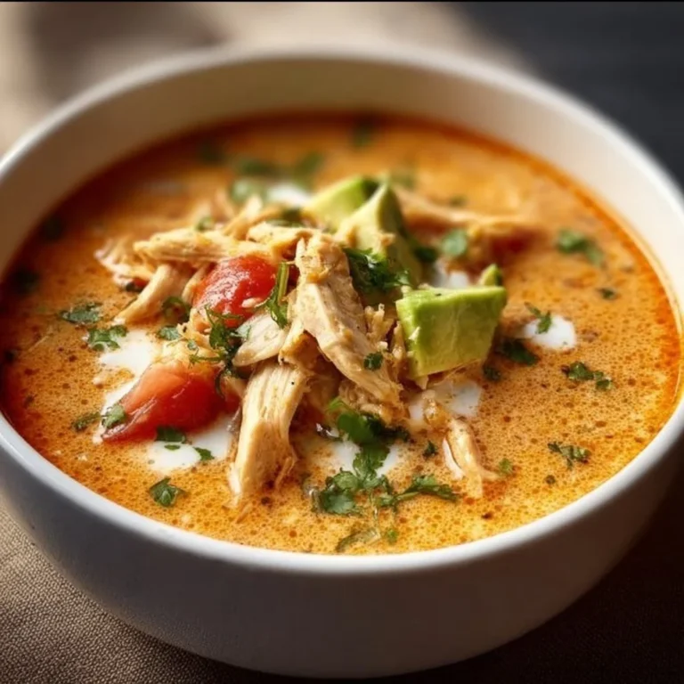 A bowl of creamy chicken tortilla soup garnished with tortilla strips and cilantro.
