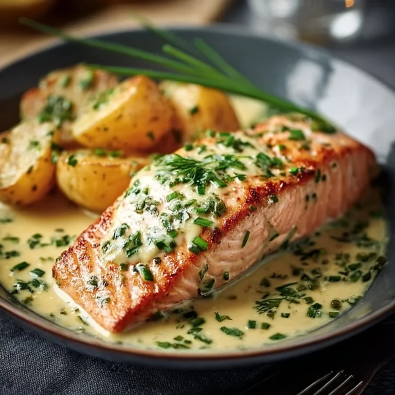 Creamy chive salmon dish garnished with fresh herbs
