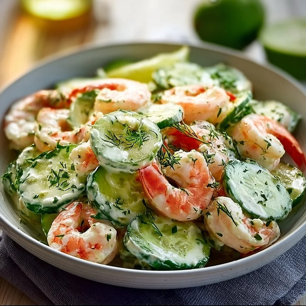 Delicious creamy cucumber shrimp salad served in a bowl with fresh herbs