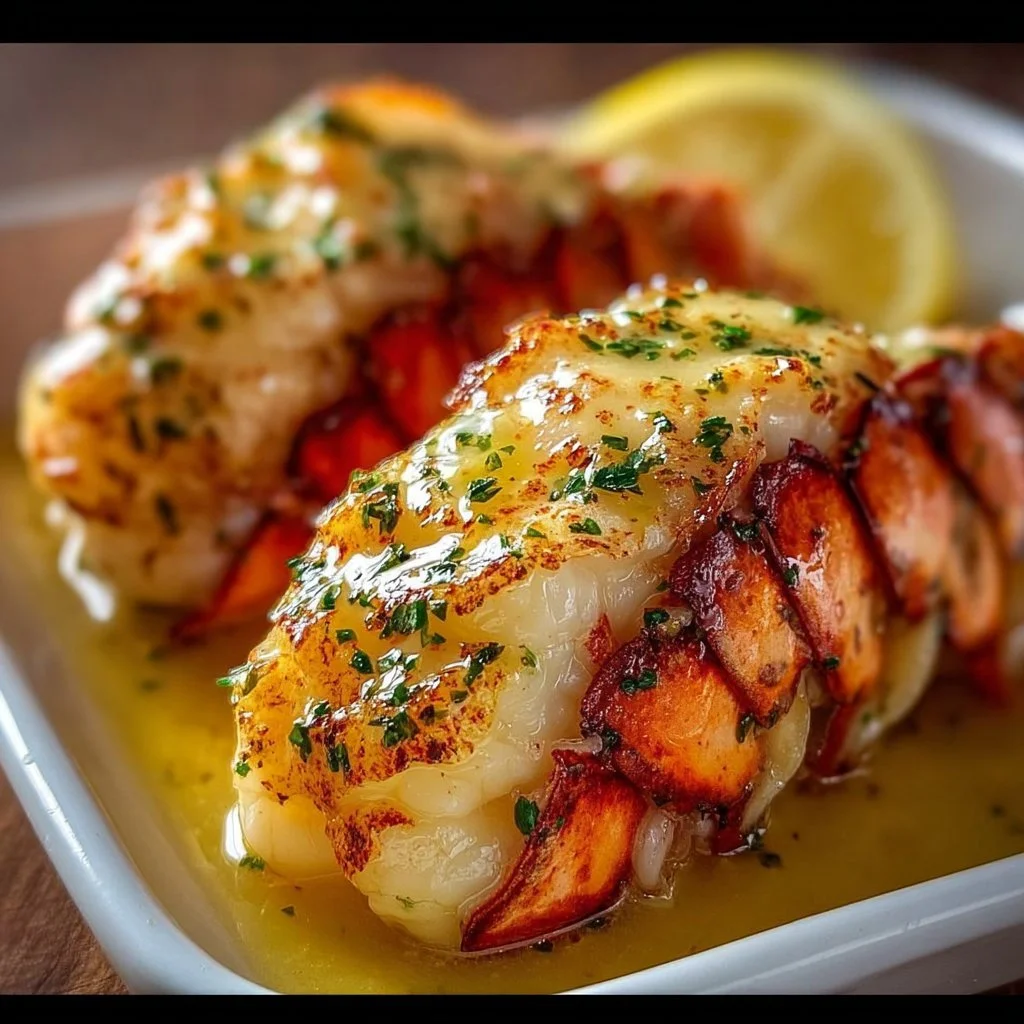 Delicious creamy garlic butter lobster tails served on a plate