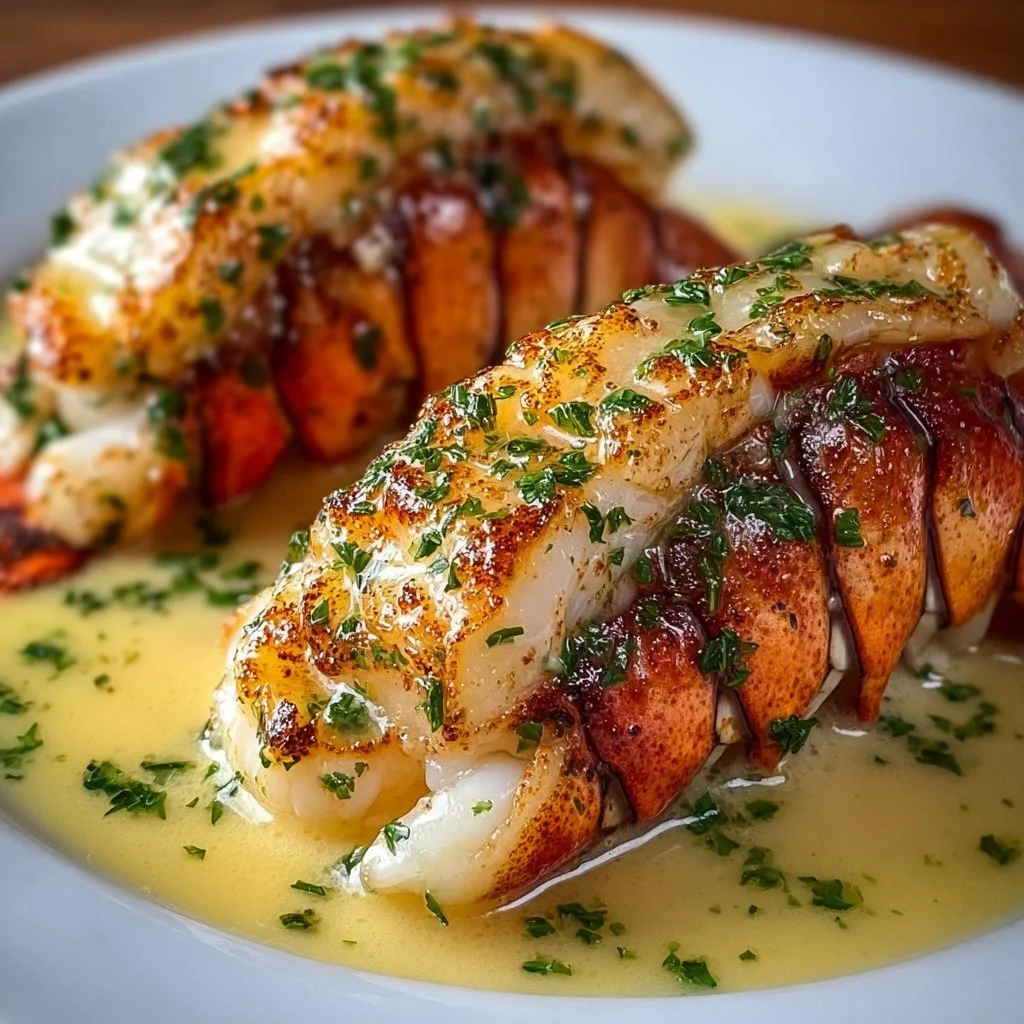 Delicious creamy garlic butter lobster tails served on a plate