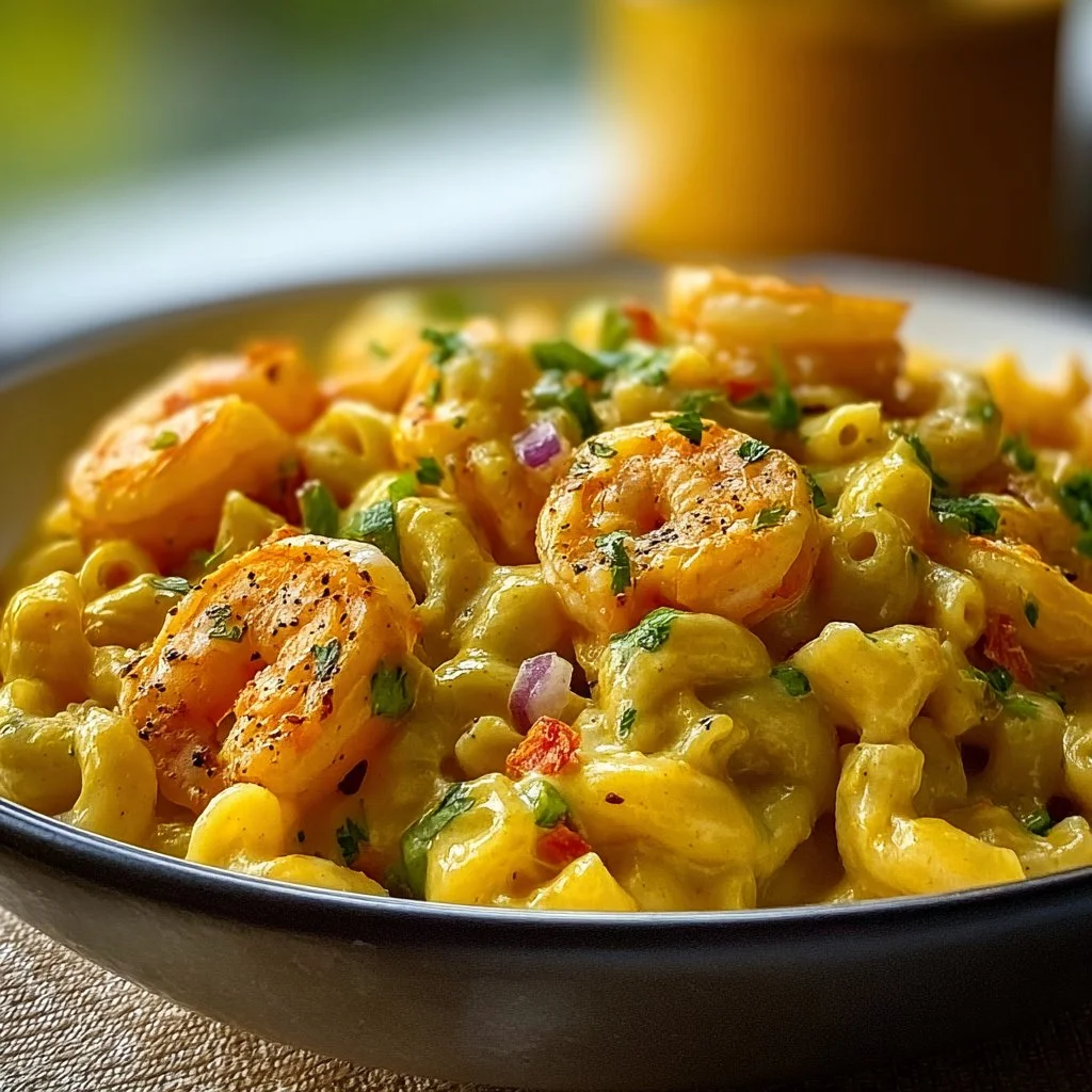 Creamy Jamaican shrimp Rasta pasta garnished with peppers and herbs