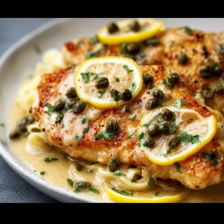 Creamy lemon chicken piccata garnished with parsley and lemon slices