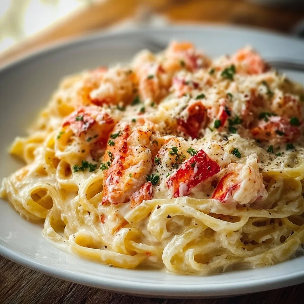 Creamy lobster pasta garnished with herbs and served in a bowl