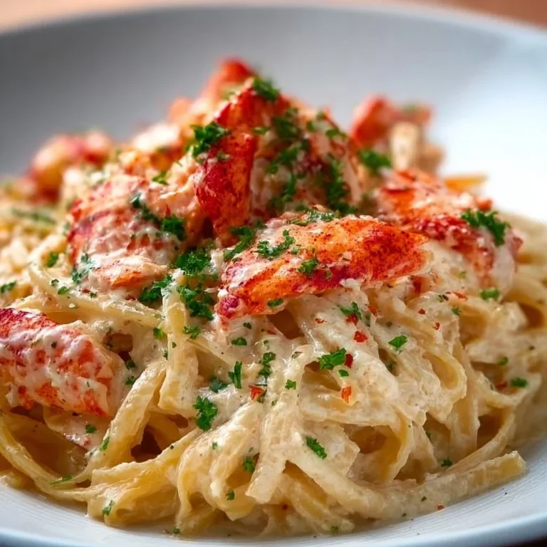 Creamy lobster pasta garnished with herbs and served in a bowl