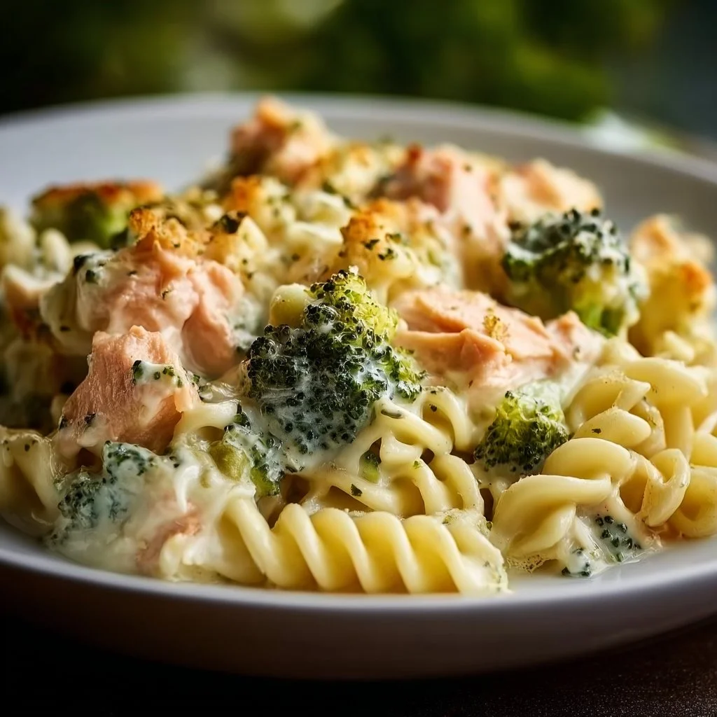 Creamy salmon and broccoli pasta bake dish in a baking dish