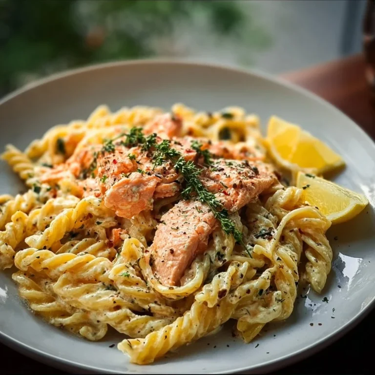 Bowl of creamy salmon pasta garnished with herbs and lemon zest