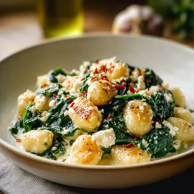Creamy spinach feta gnocchi served in a bowl with fresh herbs.