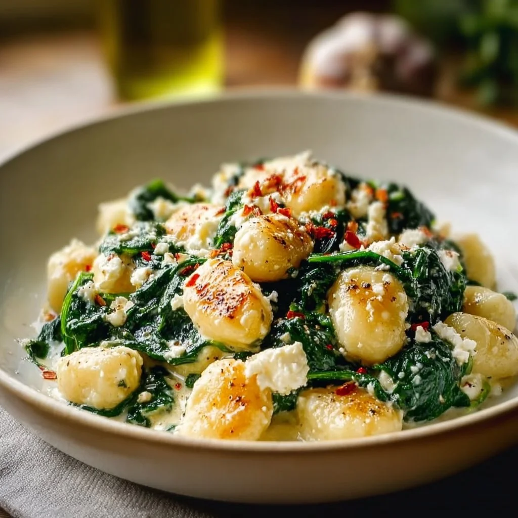 Creamy spinach feta gnocchi served in a bowl with fresh herbs.