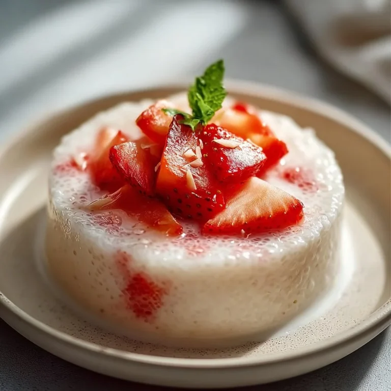 Creamy strawberry coconut tapioca dessert served in a glass bowl