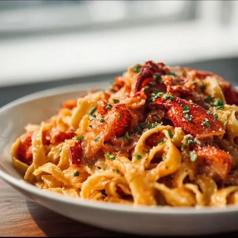 Creamy tomato lobster pasta served in a white bowl with fresh herbs