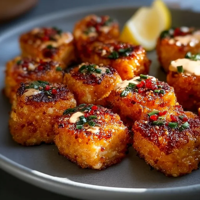 Crispy Bang Bang Salmon Bites garnished with herbs on a plate.