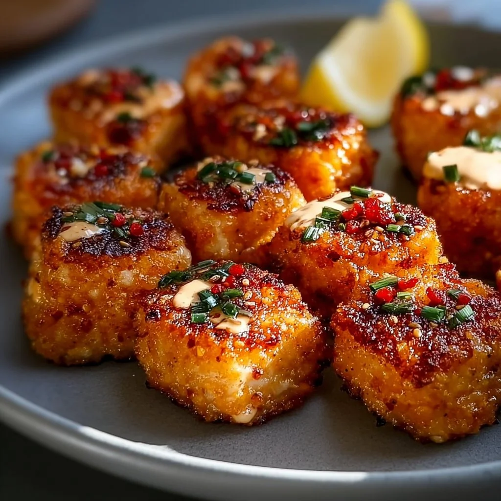 Crispy Bang Bang Salmon Bites garnished with herbs on a plate.