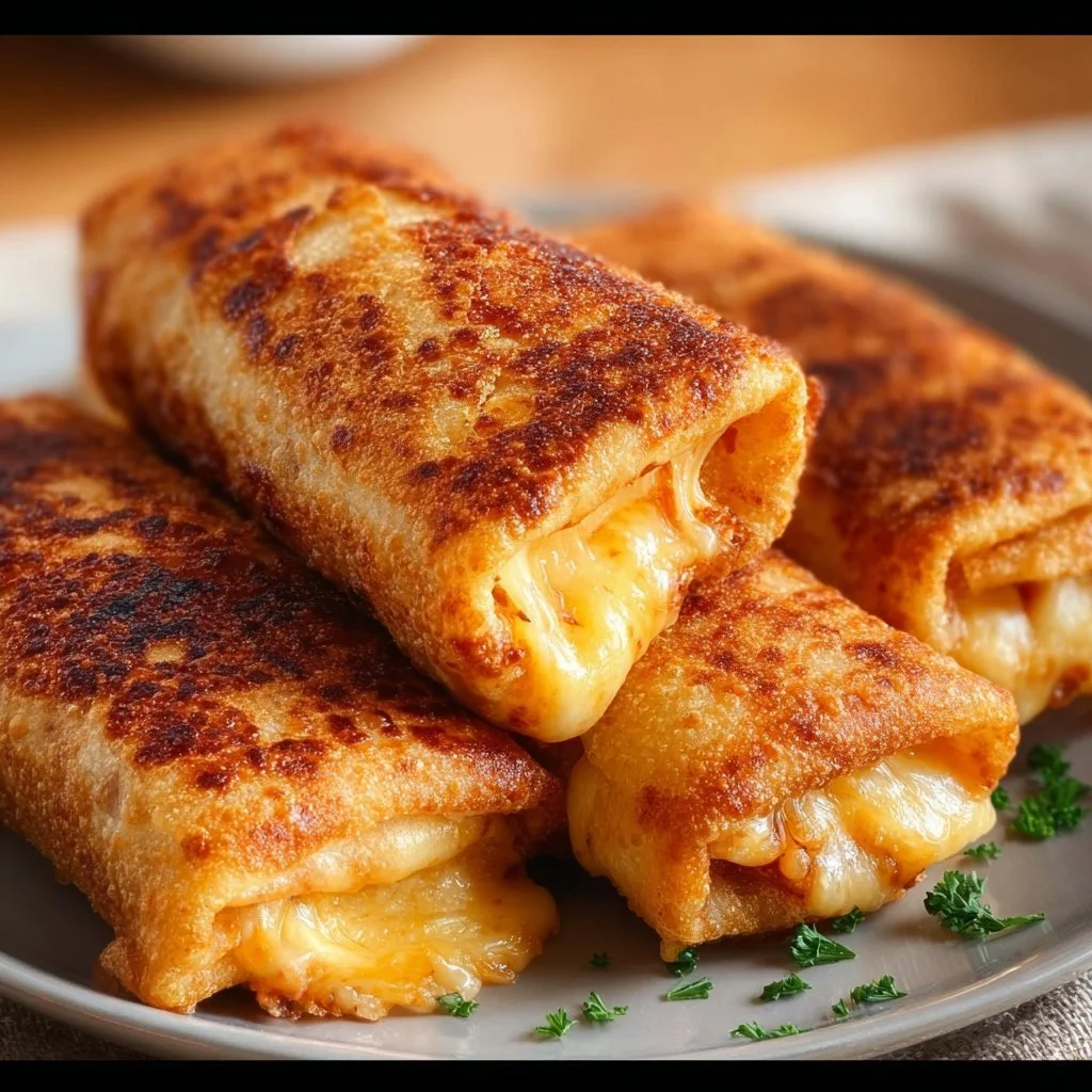 Crispy cheesy roll ups served on a plate with dipping sauce.