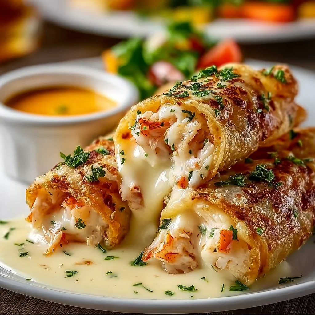 Crispy Crab and Shrimp Queso Roll-Ups served on a wooden platter
