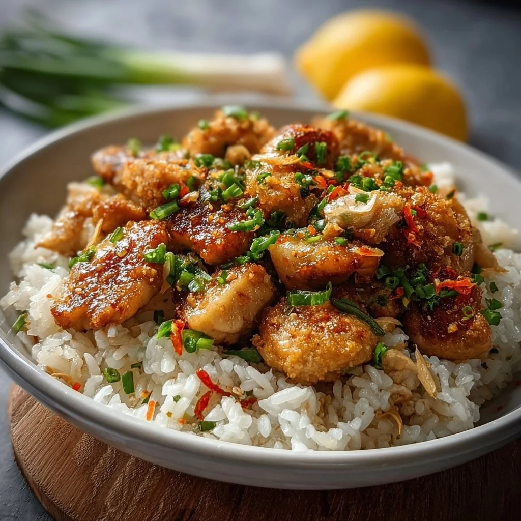 Plate of Crispy Garlic Chicken served with rice and garnished with herbs