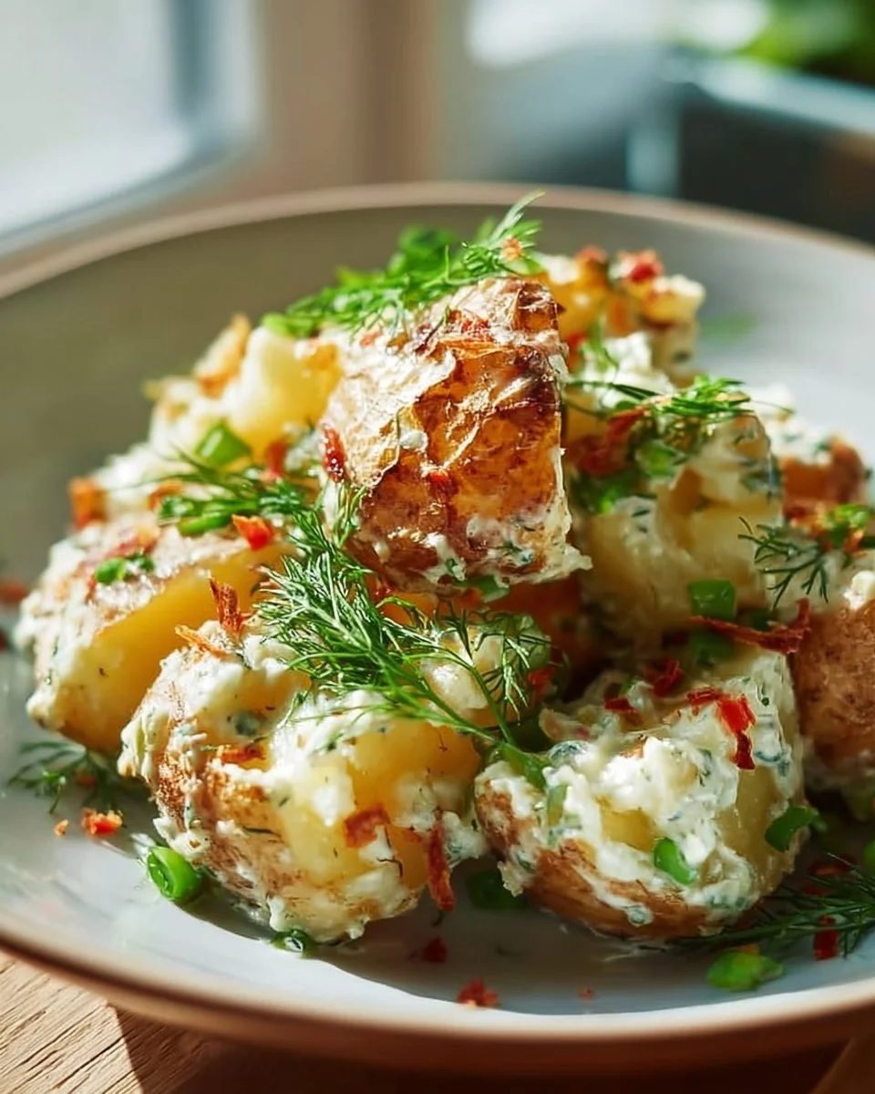 Crispy smashed potato salad served in a bowl with fresh herbs and dressing.