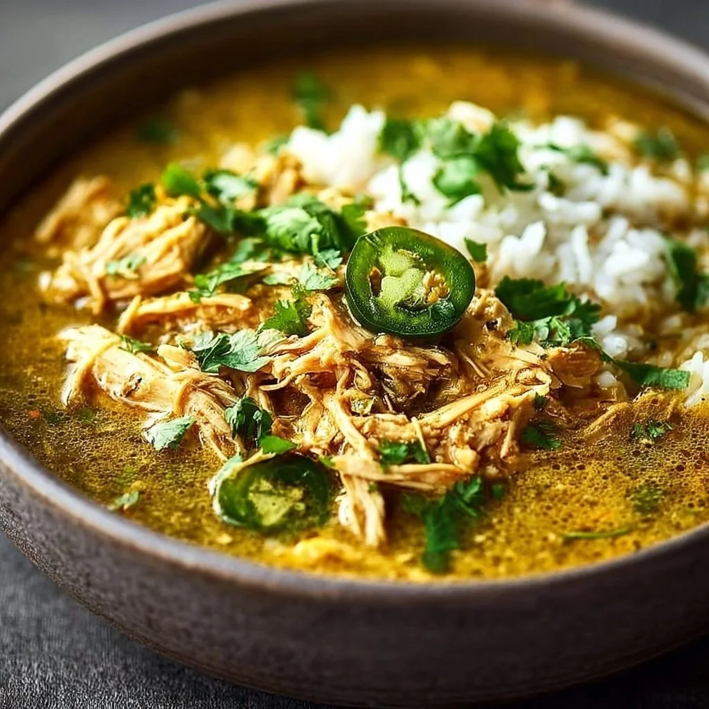 Delicious bowl of Crockpot Chicken Green Chili with green peppers and spices