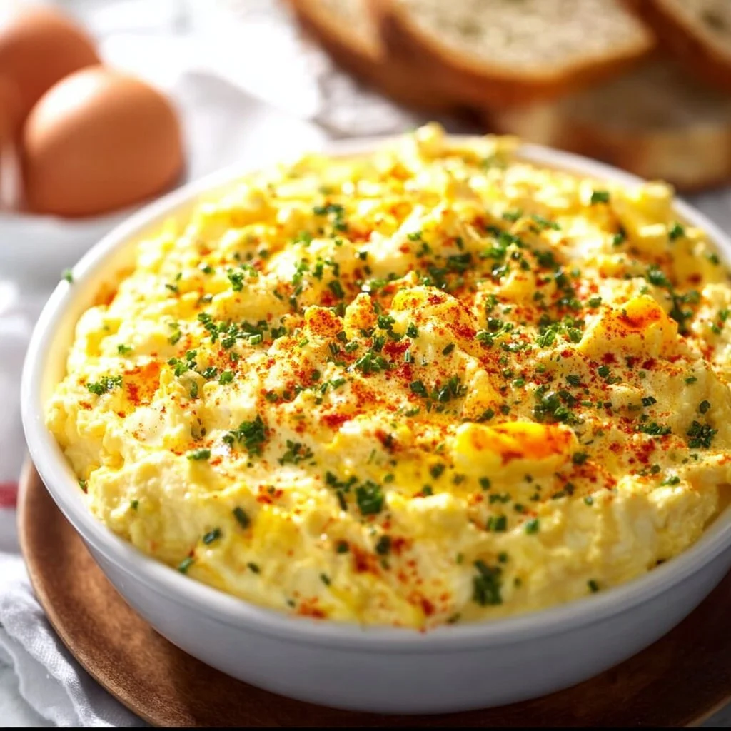 Delicious deviled egg dip served in a bowl, perfect for appetizers and parties.