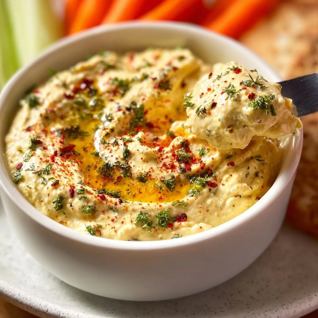 Creamy deviled egg dip served in a bowl with crackers and vegetables