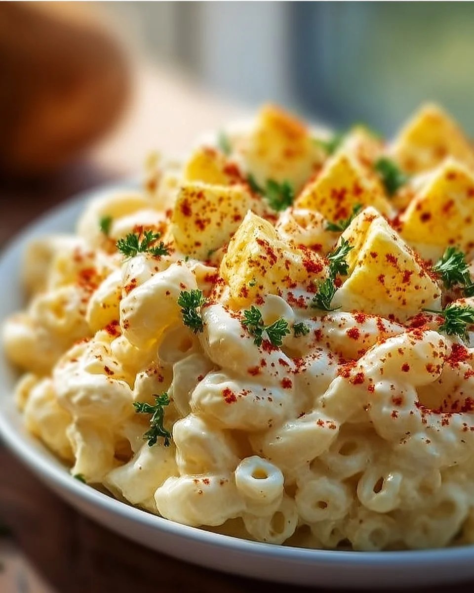 A bowl of deviled egg macaroni salad garnished with paprika and herbs.