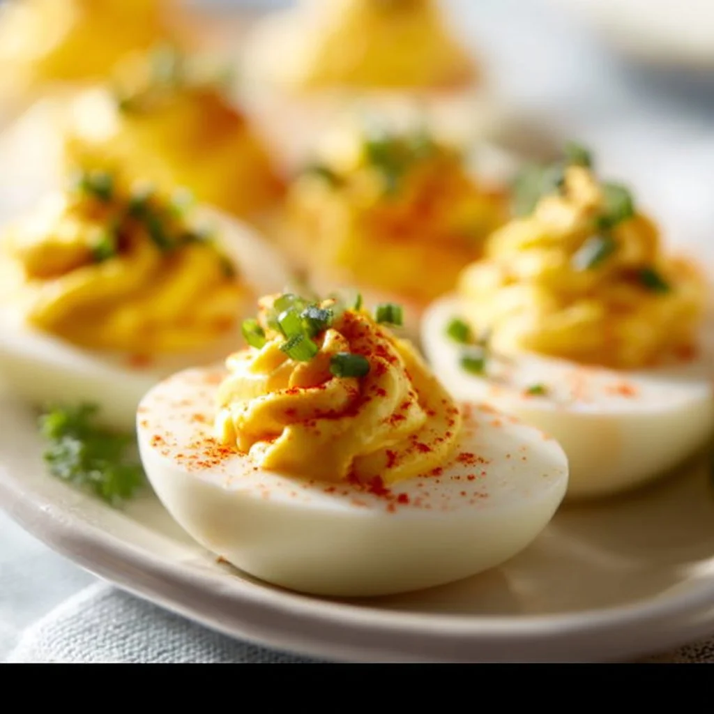 A platter of deliciously garnished deviled eggs ready to serve.