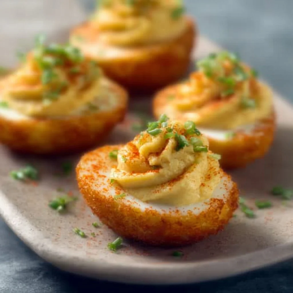 Delicious deviled eggs garnished with paprika and chives on a platter